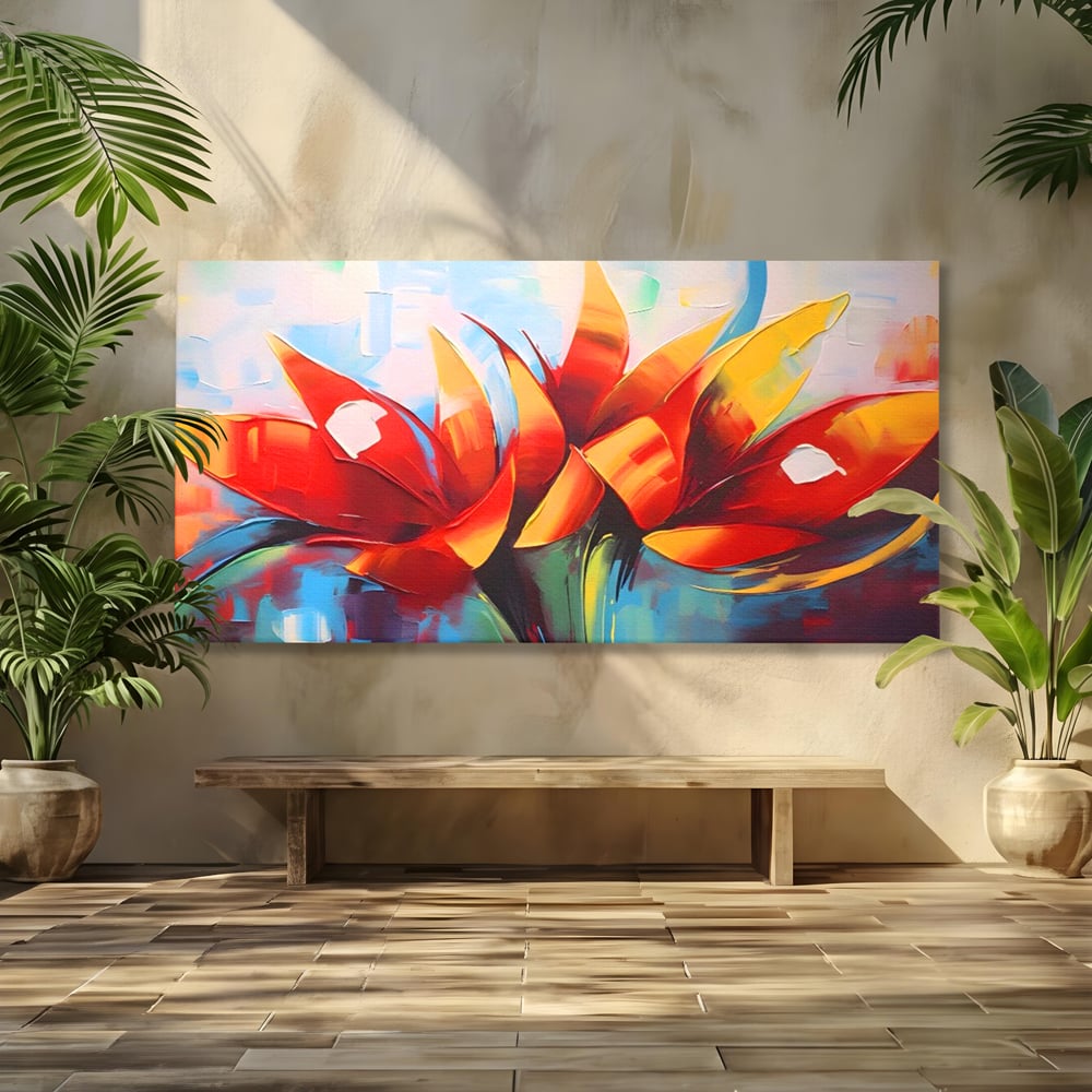 Tablou canvas cu pictura abstracta cu flori portocalii, fara rama, pe sasiu de lemn
